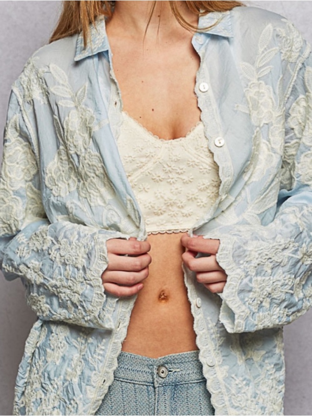 POL- Flaw- Light Blue Lace-Embroidered Button-Up Shirt with Cream Bralette! NWT!